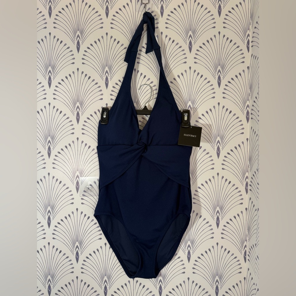 Ellen Tracy Navy Blue One Piece Swimsuit with Textured Fabric - Picture 1 of 3